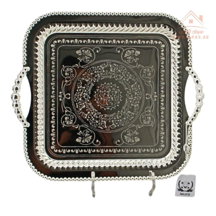 Premium Square Serving Tray with Handles – Silver Arabic Design | Available in Two Sizes| Perfect for serving tea, coffee, sweets, dates, and desserts for guests and daily use. - Souk Al Ras