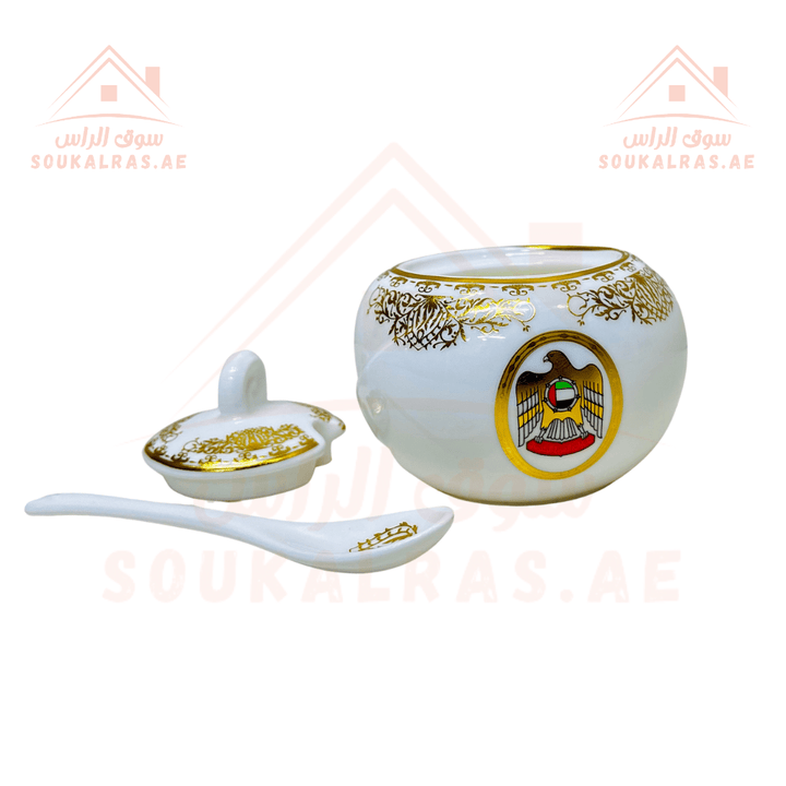 Premium Stylish Sugar Pot with Lid and Matching Spoon - UAE Flag Design - Souk Al RasDinnerware & Serveware