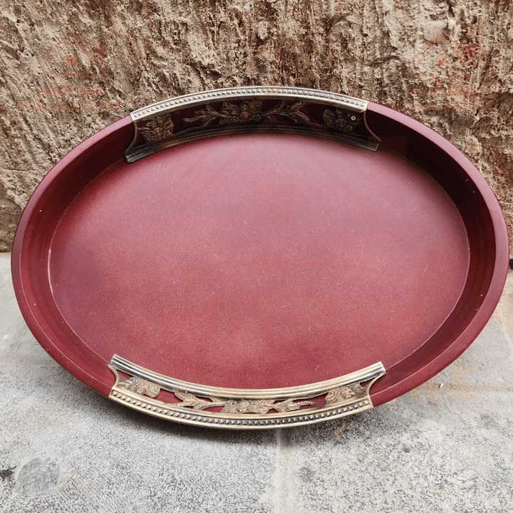 Premium Wooden Oval Serving Tray | Elegant Gold Handle Design | Durable and stylish for all occasions. - Souk Al Ras