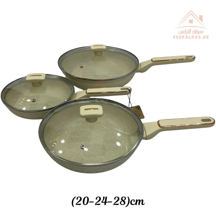 Premium6 - Piece Ceramic Non - Stick Frying Pan Set with Glass Lids | Durable & Even - Heat Base |Strong ergonomic handles, and a durable non - stick coating perfect for daily use. - Souk Al Ras