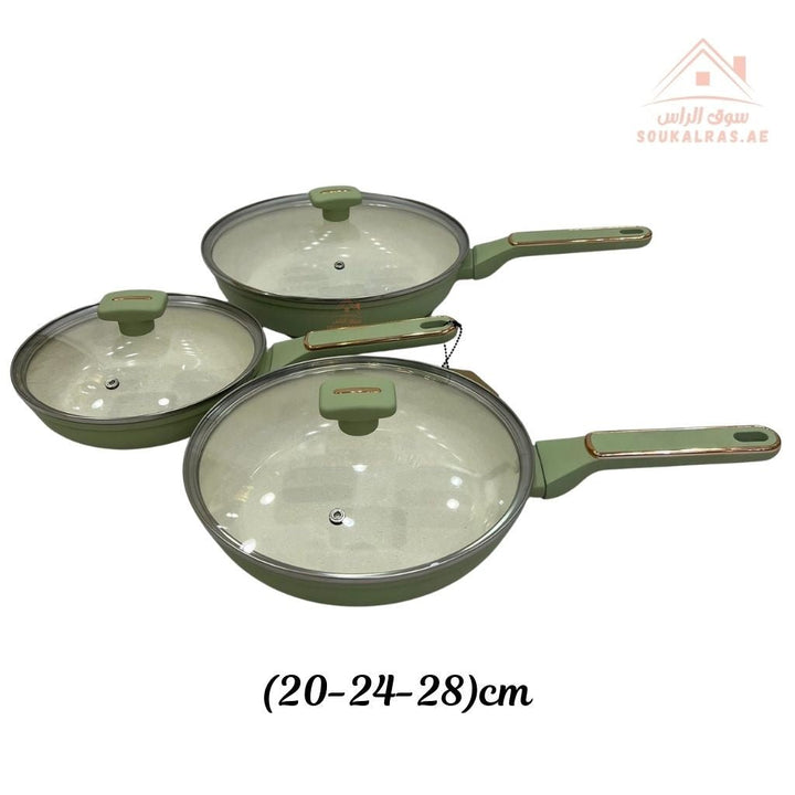 Premium6 - Piece Ceramic Non - Stick Frying Pan Set with Glass Lids | Durable & Even - Heat Base |Strong ergonomic handles, and a durable non - stick coating perfect for daily use. - Souk Al Ras