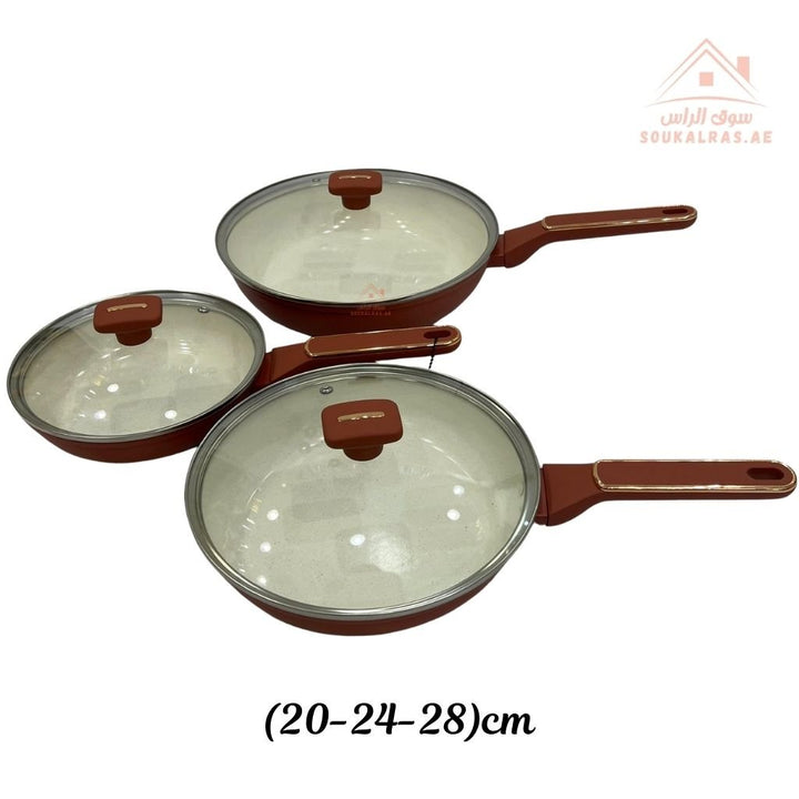 Premium6 - Piece Ceramic Non - Stick Frying Pan Set with Glass Lids | Durable & Even - Heat Base |Strong ergonomic handles, and a durable non - stick coating perfect for daily use. - Souk Al Ras