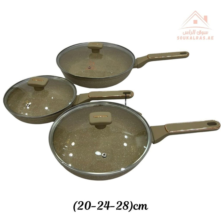 Premium6 - Piece Ceramic Non - Stick Frying Pan Set with Glass Lids | Durable & Even - Heat Base |Strong ergonomic handles, and a durable non - stick coating perfect for daily use. - Souk Al Ras