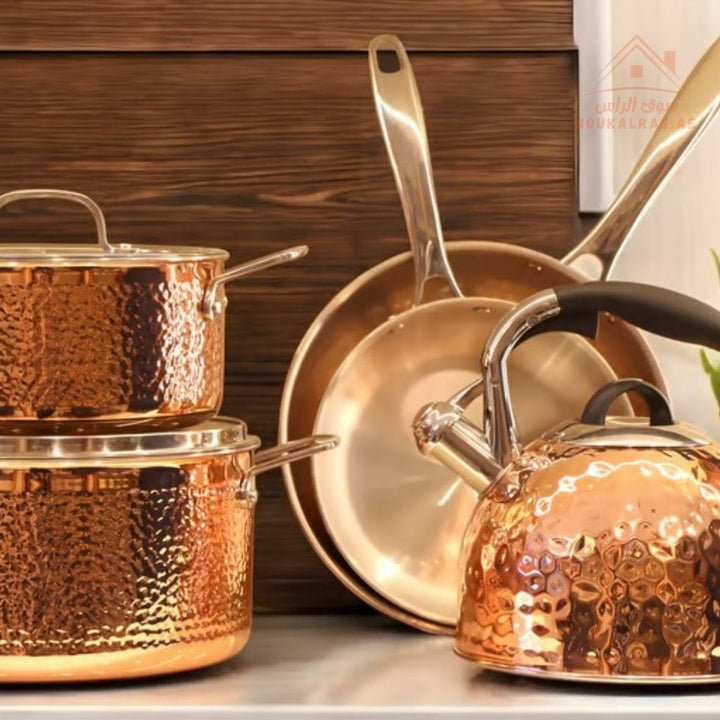 Prestige Series 10 - Piece Hammered Copper Cookware Set | 20/24/28 cm Casseroles, 16 cm Saucepan, 24/20 cm Frypans, 2.5L Kettle | Elegant & Durable Design - Souk Al Ras