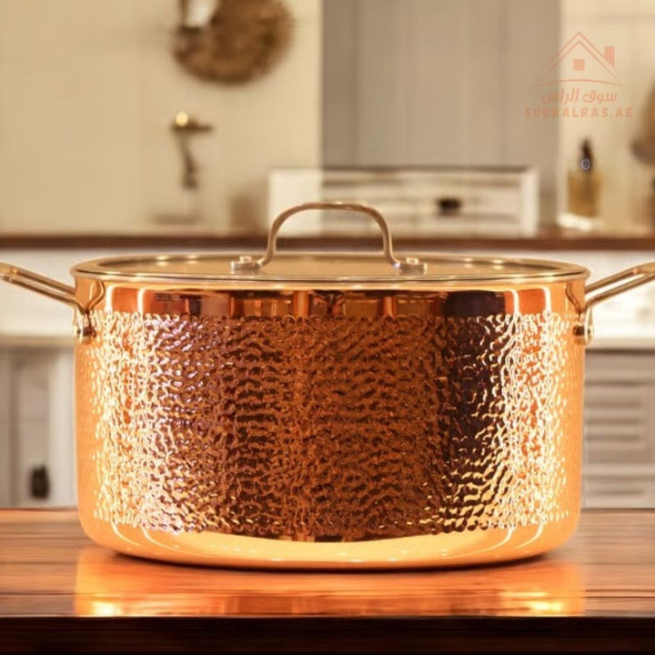 Prestige Series 10 - Piece Hammered Copper Cookware Set | 20/24/28 cm Casseroles, 16 cm Saucepan, 24/20 cm Frypans, 2.5L Kettle | Elegant & Durable Design - Souk Al Ras