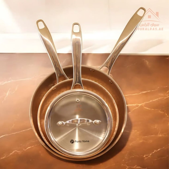 Prestige Series 10 - Piece Hammered Copper Cookware Set | 20/24/28 cm Casseroles, 16 cm Saucepan, 24/20 cm Frypans, 2.5L Kettle | Elegant & Durable Design - Souk Al Ras