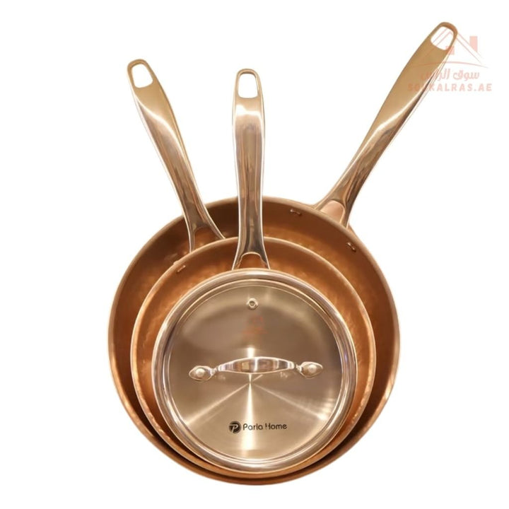 Prestige Series 10 - Piece Hammered Copper Cookware Set | 20/24/28 cm Casseroles, 16 cm Saucepan, 24/20 cm Frypans, 2.5L Kettle | Elegant & Durable Design - Souk Al Ras