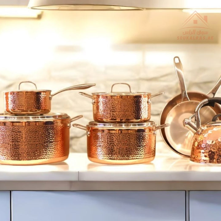 Prestige Series 10 - Piece Hammered Copper Cookware Set | 20/24/28 cm Casseroles, 16 cm Saucepan, 24/20 cm Frypans, 2.5L Kettle | Elegant & Durable Design - Souk Al Ras