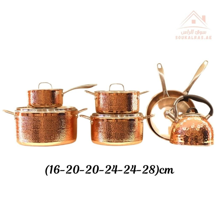 Prestige Series 10 - Piece Hammered Copper Cookware Set | 20/24/28 cm Casseroles, 16 cm Saucepan, 24/20 cm Frypans, 2.5L Kettle | Elegant & Durable Design - Souk Al Ras
