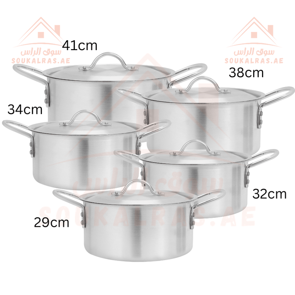 Professional Aluminium Mega Pot Set - 10 Pcs, Large Sizes Ideal for Big Families (41, 38, 34 32, 29cm) ISO 9001 Certified - Souk Al RasCookware Sets