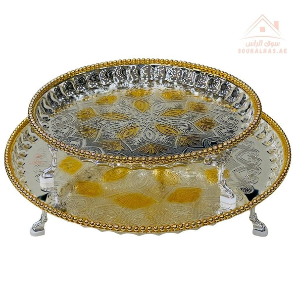 Raised Silver and Golden Serving Tray Set | 35cm & 45cm | Elegant Food Presentation Stand | Premium Quality - Souk Al Ras
