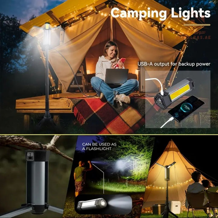 Rechargeable Camping Light3 Torch | 6000mAh LED Tripod Lamp | Adjustable Folding Design | 3 Brightness Modes | Up to 30 Hours Runtime - Souk Al Ras