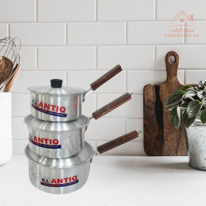RJ ANTIQ Milk Pan Set of 3 - Piece | Aluminum Cooking Pots with Wooden Handles| Perfect for boiling milk, tea, soups, and daily cooking. - Souk Al Ras