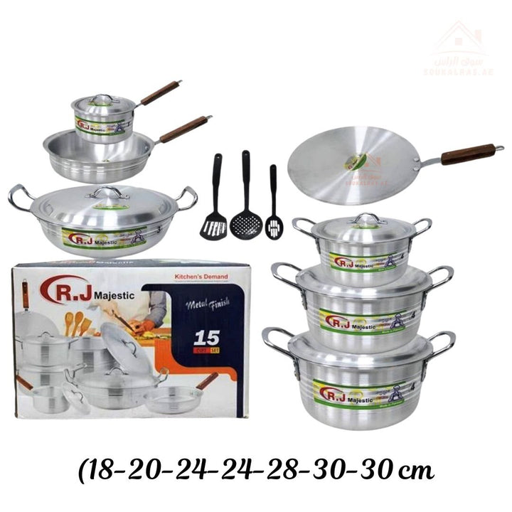 R.J Majestic 15 - Piece Aluminum Cookware Set | Sizes 18 - 20 - 24 - 24 - 28 - 30 - 30CM | Durable & Practical Design - Souk Al Ras
