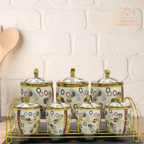 Romantic Home 7 - Piece Canister Set with Metal Stand | Elegant White & Gold Design | Ideal for Sugar, Coffee & Tea - Souk Al Ras