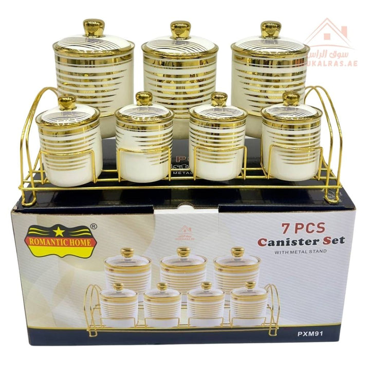Romantic Home 7 - Piece Canister Set with Metal Stand | Elegant White & Gold Design | Ideal for Sugar, Coffee & Tea - Souk Al Ras