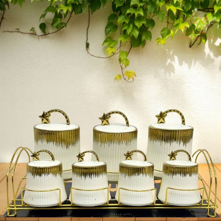 Romantic Home 7 - Piece Canister Set with Metal Stand | Elegant White & Gold Design | Ideal for Sugar, Coffee & Tea - Souk Al Ras
