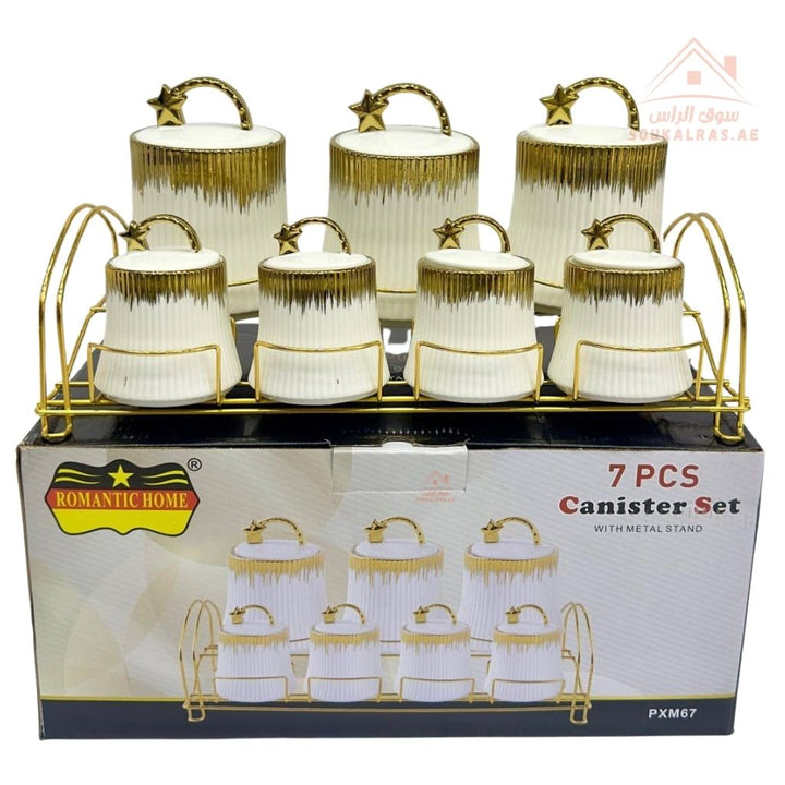 Romantic Home 7 - Piece Canister Set with Metal Stand | Elegant White & Gold Design | Ideal for Sugar, Coffee & Tea - Souk Al Ras