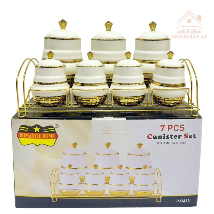 Romantic Home 7 - Piece Canister Set with Metal Stand | Elegant White & Gold Design | Ideal for Sugar, Coffee & Tea - Souk Al Ras