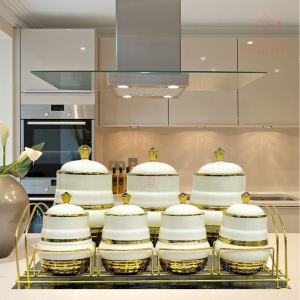 Romantic Home 7 - Piece Canister Set with Metal Stand | Elegant White & Gold Design | Ideal for Sugar, Coffee & Tea - Souk Al Ras