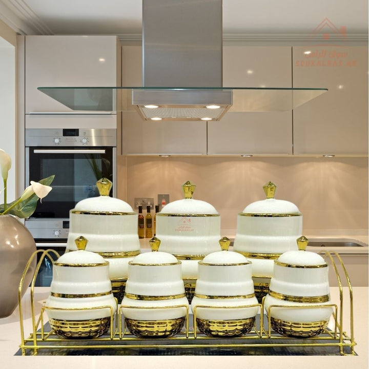 Romantic Home 7 - Piece Canister Set with Metal Stand | Elegant White & Gold Design | Ideal for Sugar, Coffee & Tea - Souk Al Ras