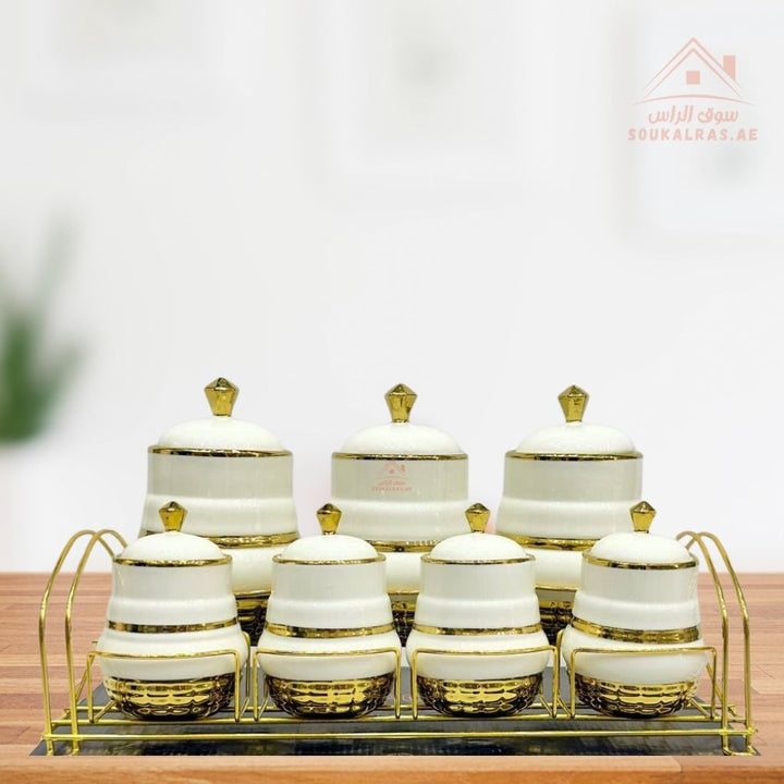 Romantic Home 7 - Piece Canister Set with Metal Stand | Elegant White & Gold Design | Ideal for Sugar, Coffee & Tea - Souk Al Ras