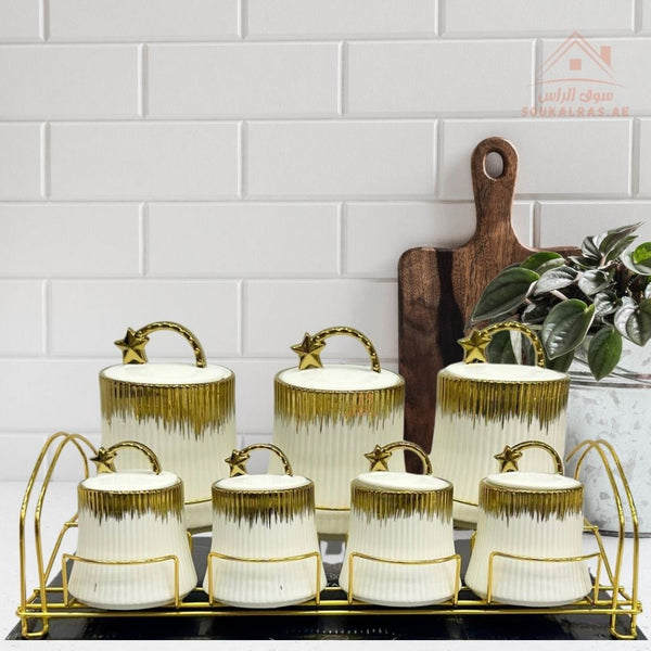 Romantic Home 7 - Piece Canister Set with Metal Stand | Elegant White & Gold Design | Ideal for Sugar, Coffee & Tea - Souk Al Ras