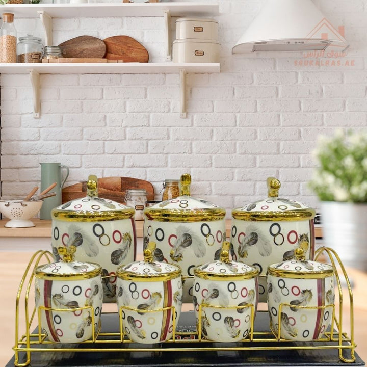 Romantic Home 7 - Piece Canister Set with Metal Stand | Elegant White & Gold Design | Ideal for Sugar, Coffee & Tea - Souk Al Ras