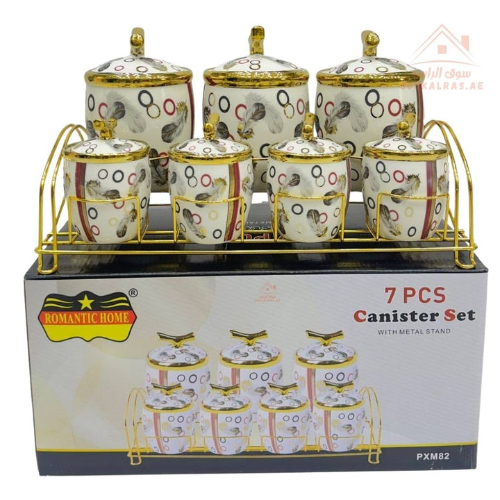 Romantic Home 7 - Piece Canister Set with Metal Stand | Elegant White & Gold Design | Ideal for Sugar, Coffee & Tea - Souk Al Ras