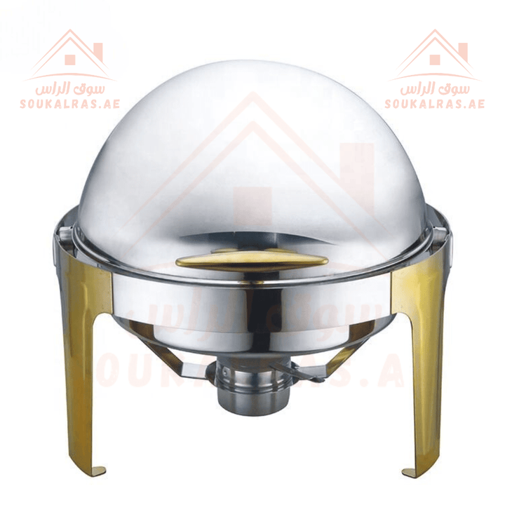 Round Chafing Dish 6L | Premium Stainless Steel Food Warmer | Golden Legs | Ideal for Catering & Buffet| includes two plates—deep and normal - Souk Al Ras