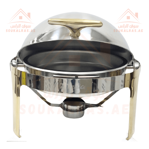 Round Chafing Dish 6L | Premium Stainless Steel Food Warmer | Golden Legs | Ideal for Catering & Buffet| includes two plates—deep and normal - Souk Al Ras