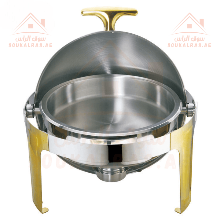 Round Chafing Dish 6L | Premium Stainless Steel Food Warmer | Golden Legs | Ideal for Catering & Buffet| includes two plates—deep and normal - Souk Al Ras