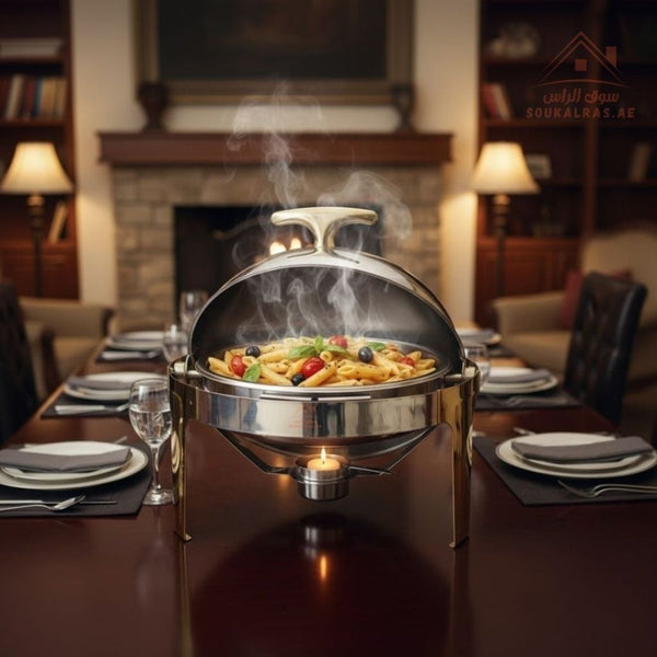 Round Chafing Dish 6L | Premium Stainless Steel Food Warmer | Golden Legs | Ideal for Catering & Buffet| includes two plates—deep and normal - Souk Al Ras