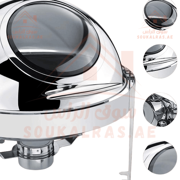 Round Chafing Dish 6L | Premium Stainless Steel Food Warmer with Cover Transparent Glass - Souk Al RasServing Dishes Trays & Platters