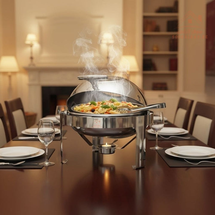 Round Chafing Dish 6L | Premium Stainless Steel Food Warmer with Cover Transparent Glass - Souk Al RasServing Dishes Trays & Platters
