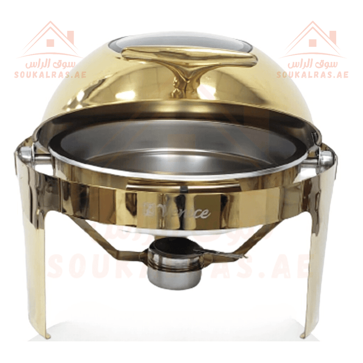 Round Chafing Dish 6L | Premium Stainless Steel Food Warmer with Cover Transparent Glass | Full Golden Finish - Souk Al RasServing Dishes Trays & Platters