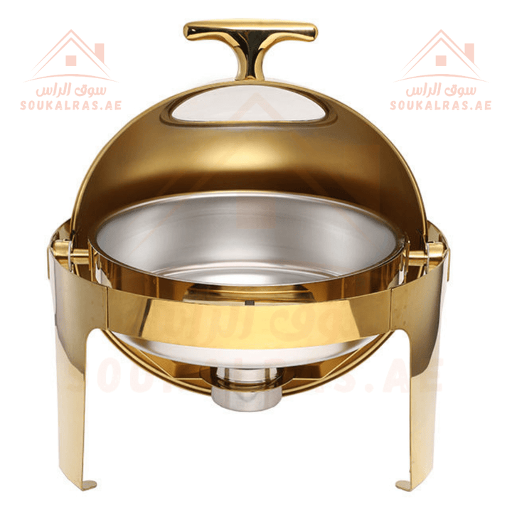 Round Chafing Dish 6L | Premium Stainless Steel Food Warmer with Cover Transparent Glass | Full Golden Finish - Souk Al RasServing Dishes Trays & Platters