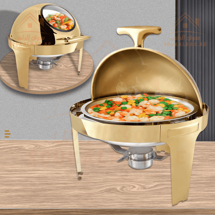 Round Chafing Dish 6L | Premium Stainless Steel Food Warmer with Cover Transparent Glass | Full Golden Finish - Souk Al RasServing Dishes Trays & Platters