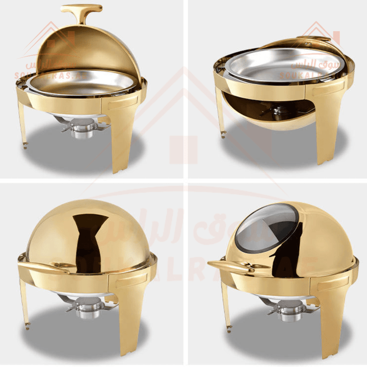 Round Chafing Dish 6L | Premium Stainless Steel Food Warmer with Cover Transparent Glass | Full Golden Finish - Souk Al RasServing Dishes Trays & Platters