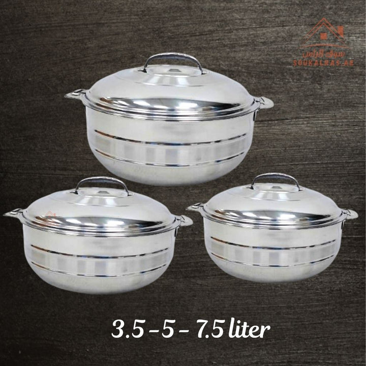 Royal Deluxe Hot Pot Set – 3 - Piece Stainless Steel Casserole Set | 3.5L, 5L, 7.5L | Thermal Insulated Food Warmer - Souk Al Ras