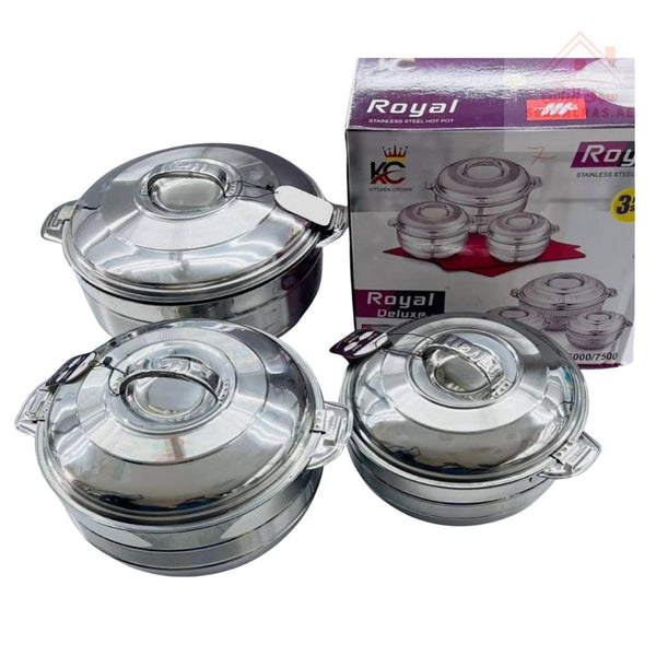 Royal Deluxe Hot Pot Set – 3 - Piece Stainless Steel Casserole Set | 3.5L, 5L, 7.5L | Thermal Insulated Food Warmer - Souk Al Ras