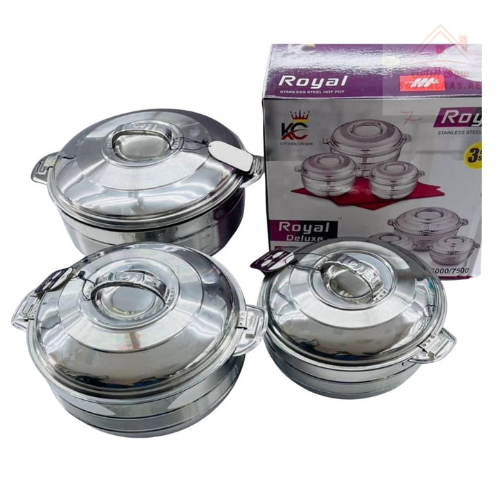 Royal Deluxe Hot Pot Set – 3 - Piece Stainless Steel Casserole Set | 3.5L, 5L, 7.5L | Thermal Insulated Food Warmer - Souk Al Ras