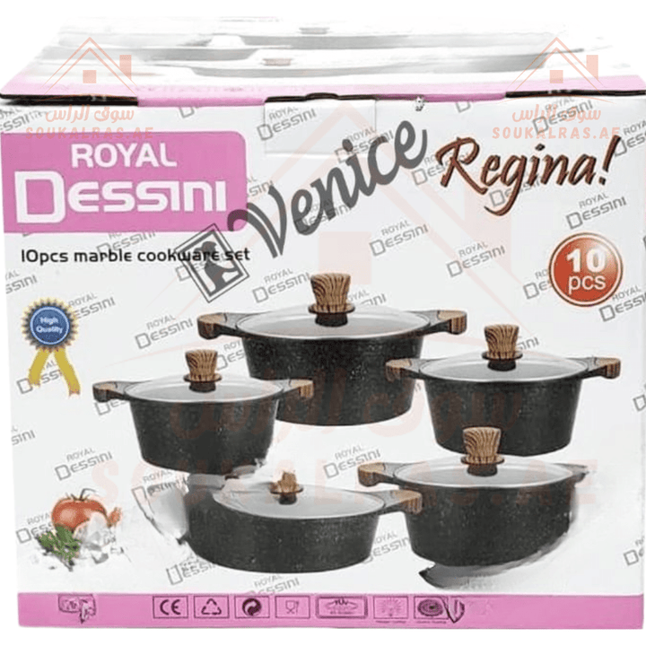 Royal Dessini Regina 10 - Piece | Marble Cookware Set | Size 20/24/28/28/32CM | Non - Stick PFOA - Free - ISO Certificate - Souk Al Ras