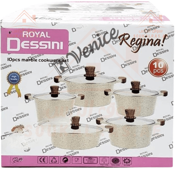 Royal Dessini Regina 10 - Piece | Marble Cookware Set | Size 20/24/28/28/32CM | Non - Stick PFOA - Free - ISO Certificate - Souk Al Ras