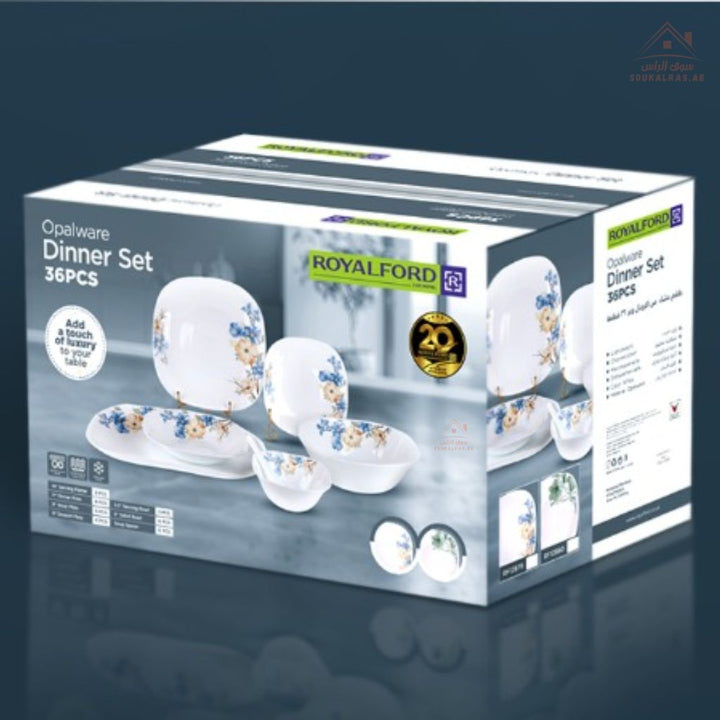 Royalford 36 - Piece Opalware Dinner Set | Elegant Floral Design | Durable & Lightweight Tableware - Souk Al Ras