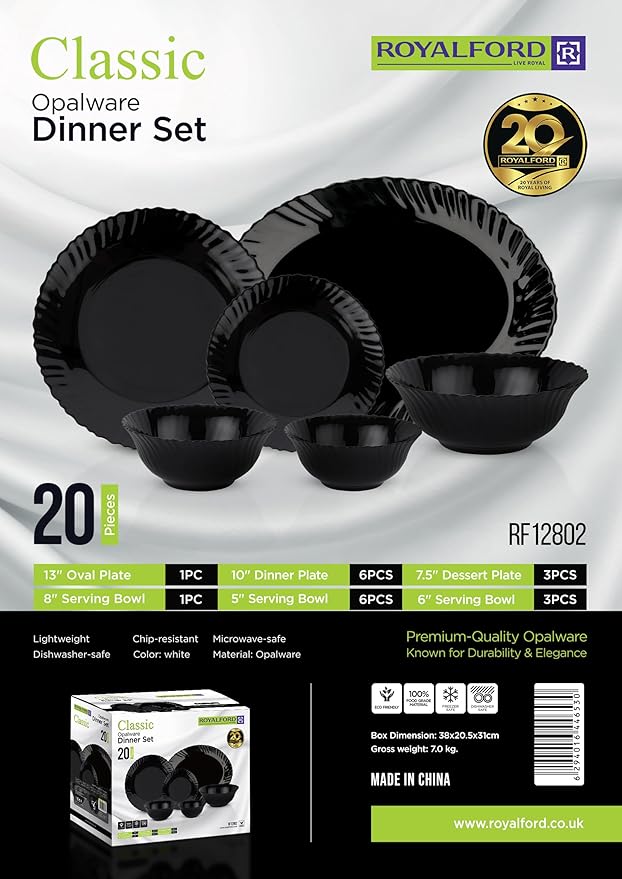 Royalford Classic Opalware Dinner Set 20 Pieces | Premium Black Dinnerware | Microwave - safe and Dishwasher - safe - Souk Al Ras