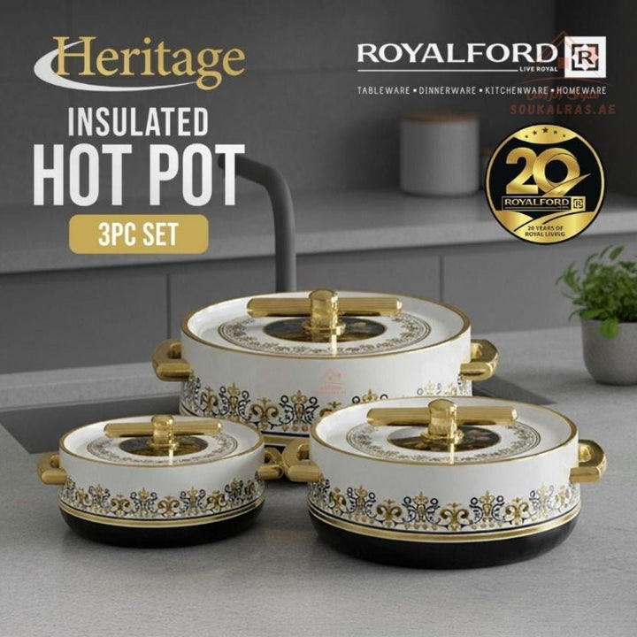 Royalford Heritage 3 - Piece Insulated Hot Pot Set | Stainless Steel Inner Casing | Keeps Food Hot & Fresh for Hours | Made in India - Souk Al Ras