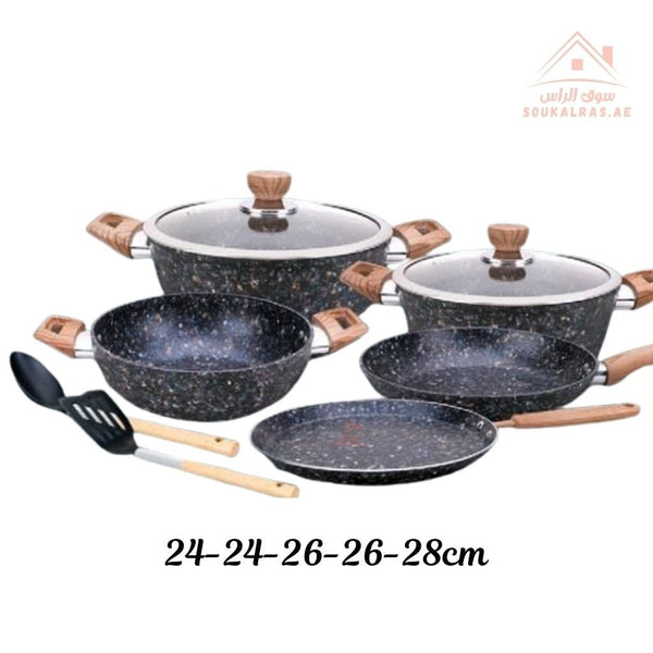 Royalford Multi stone Forged Granite Cookware Set – 9 Pieces | Granite Coating | 6 - Layer Non - Stick | Induction Compatible - Souk Al Ras
