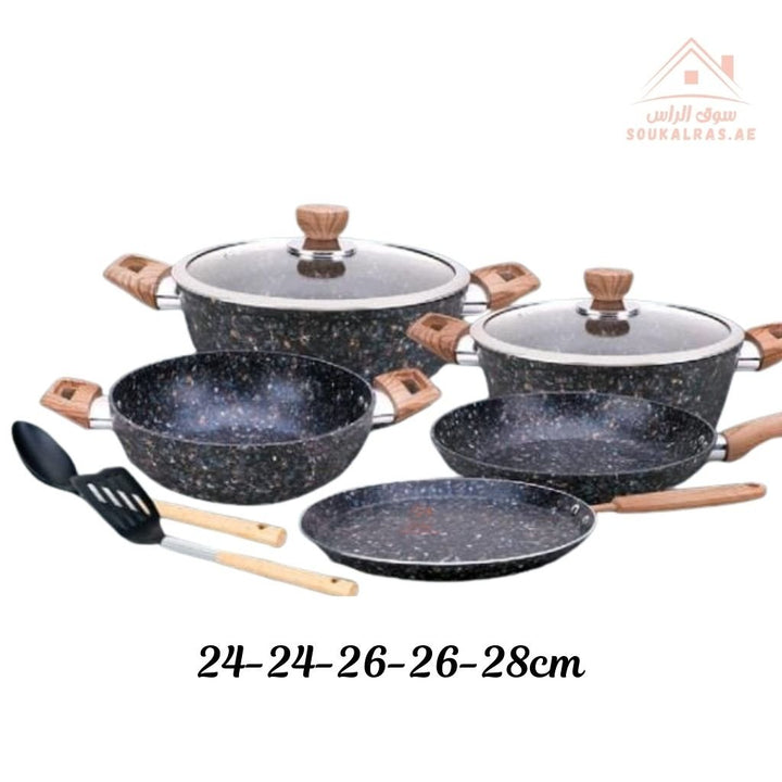 Royalford Multi stone Forged Granite Cookware Set – 9 Pieces | Granite Coating | 6 - Layer Non - Stick | Induction Compatible - Souk Al Ras