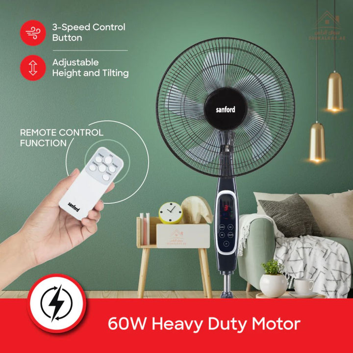 Sanford 45.7 cm Stand Fan with Remote | 3 - Speed Control, 7 - Hour Timer, LED Display | Black & White | Quiet operation with a 60W full copper motor (1300 RPM) - Souk Al Ras